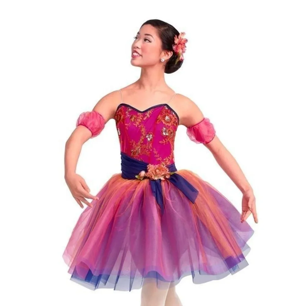 Pink Tricolor Tulle Lyrical Dance Ballet Costume Dress Floral Sequin Tutu Girls